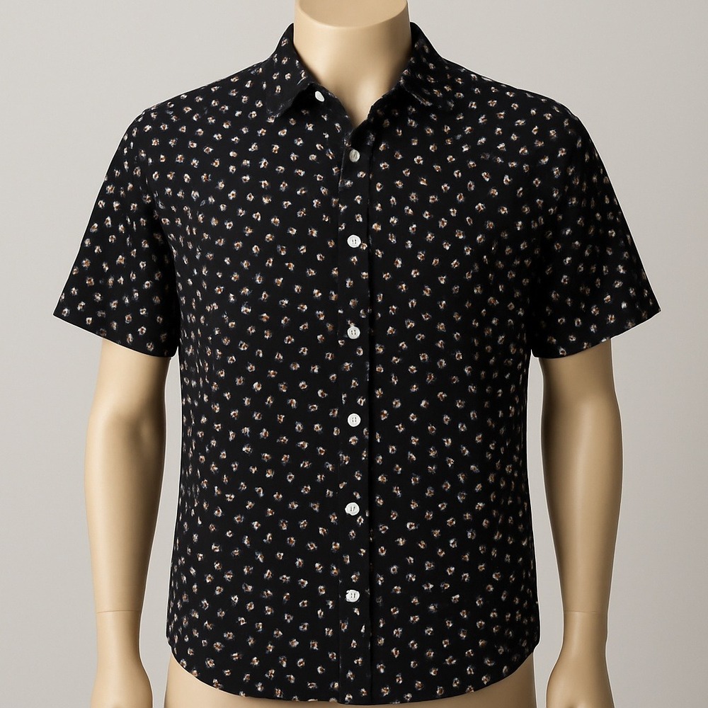 Murano Liquid Luxury Men XL Button Front Shirt Black‎ White Bird Print